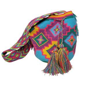 Wayuu Mochila Woven Bucket Bag Crossbody Tribal Drawstring Fringe Bright Neon